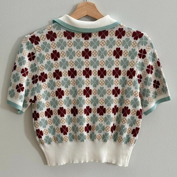 SHEIN Women's Geo Pattern Patch Pocket Button Front Knit Cropped Polo Top S NWOT - Picture 2 of 7